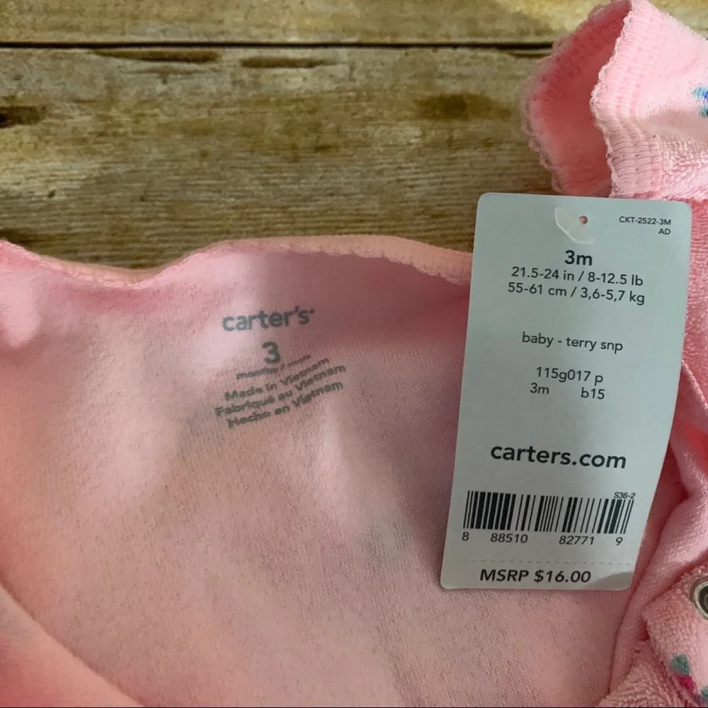 Carters 3M pink footie snap up floral bows soft girly terry cloth warm new